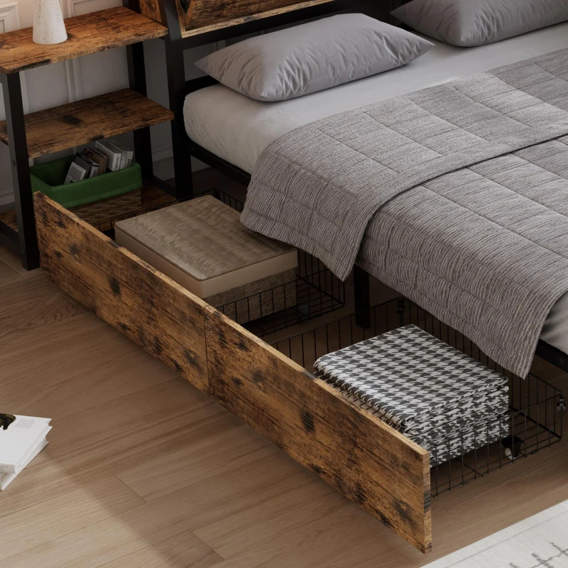 Classic Double Bed with Two Underbed Drawers, Sturdy Storage Bed with Built‑In Bedside Storage, 200L x 136.5W x 85H cm, Rustic Brown