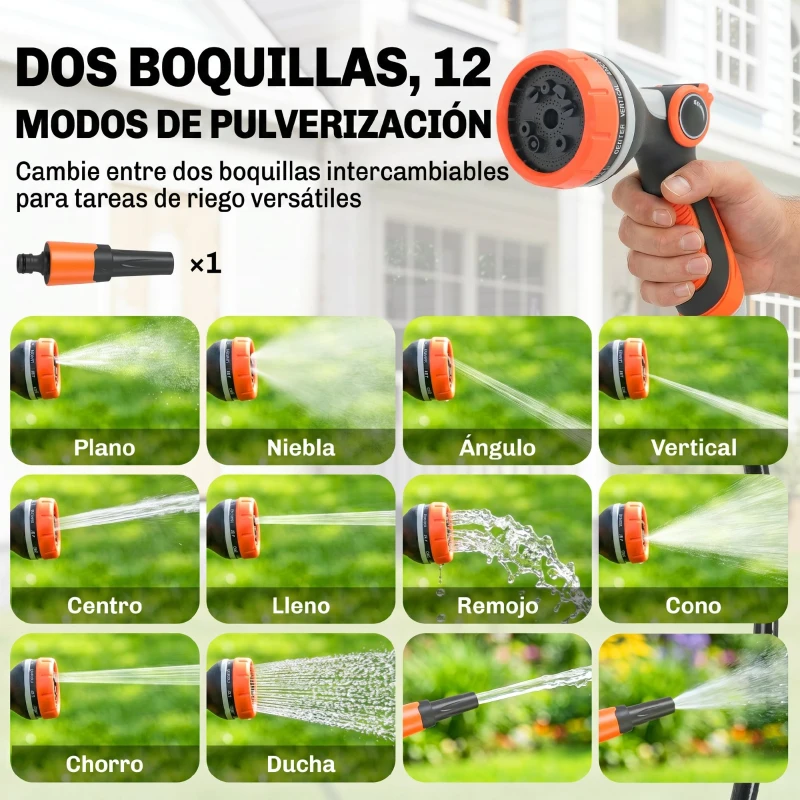 Outsunny Carrete de Manguera Retráctil 28+2 m con 12 Modos de Rociado Bloqueo Automático Retracción Controlada Soporte Naranja