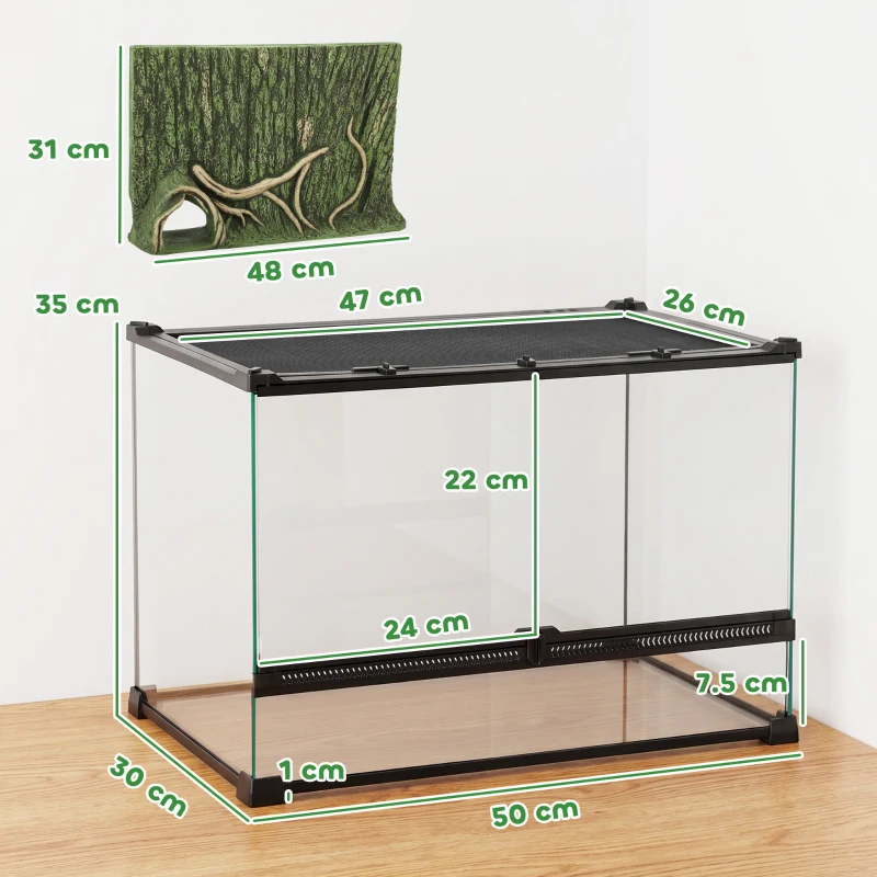 PawHut Reptile Glass Terrarium with Stone Background, Front Ventilation, Escape-Proof Knob Lock, 50 x 30 x 35 cm, Black