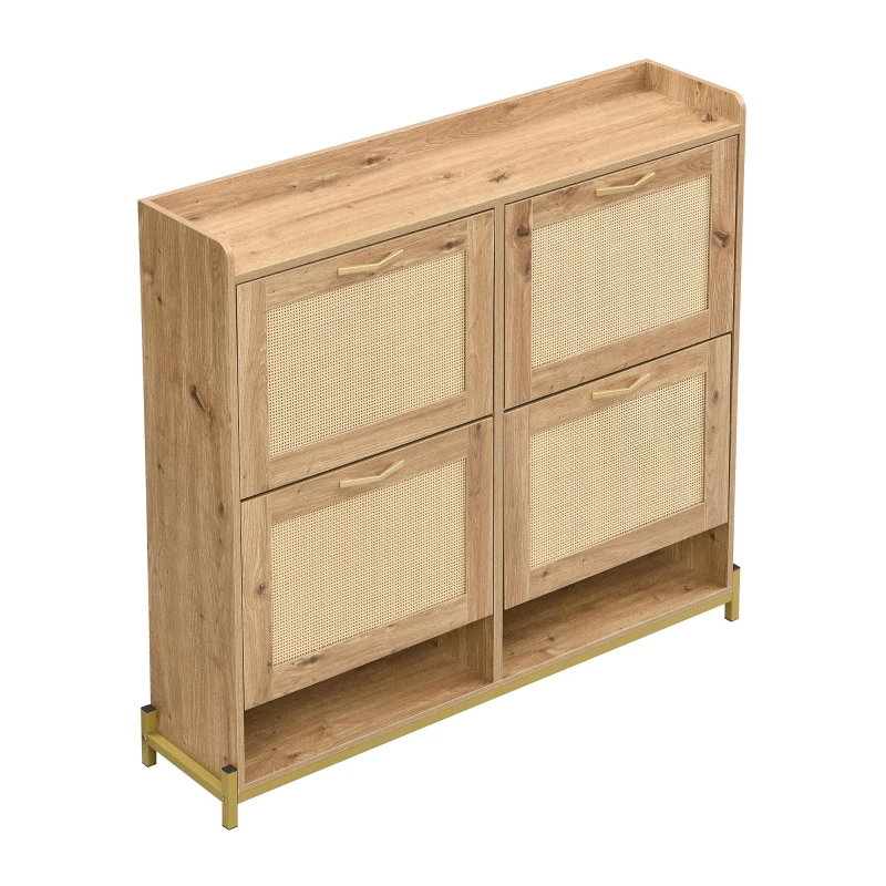 Modern Shoe Cabinet with Space-Saving 4-Door Design, Sturdy Storage Cabinet with Metal Frame and Top Shelf, 108.5L x 24W x 100H cm, Natural