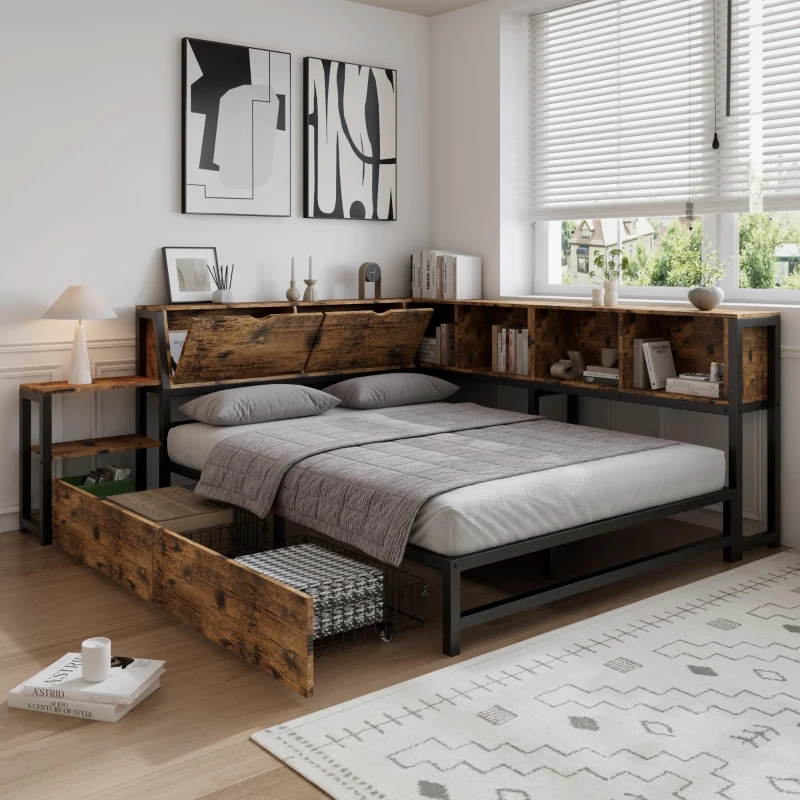 Classic Double Bed with Two Underbed Drawers, Sturdy Storage Bed with Built‑In Bedside Storage, 200L x 136.5W x 85H cm, Rustic Brown