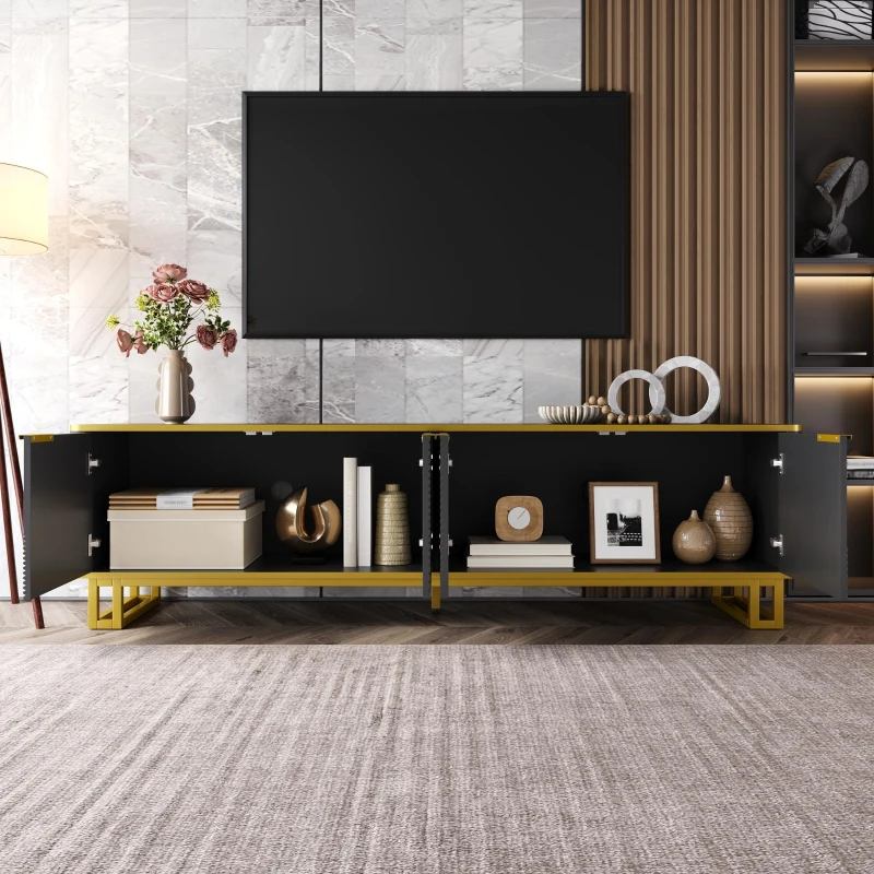 Modern TV Cabinet with 4 Geometric Embossed Doors and Open Top Shelf, Spacious TV Stand with Hidden Storage, 160L x 37.5W x 48H cm, Black