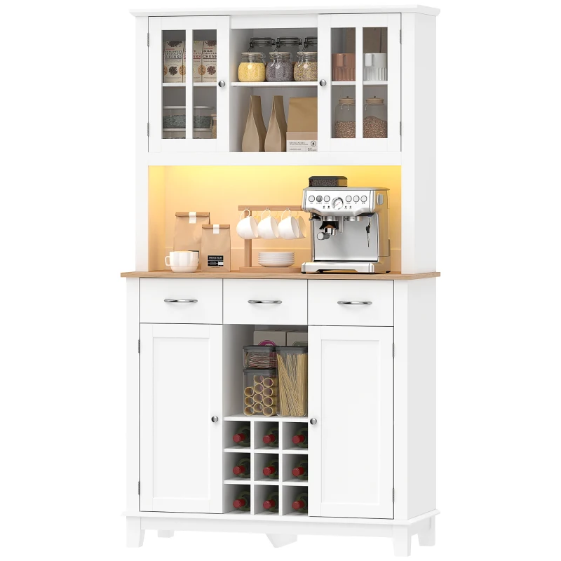 HOMCOM Alacena de Cocina con Iluminación LED Control por APP Encimera para Microondas Botellero Puertas de Vidrio Blanco