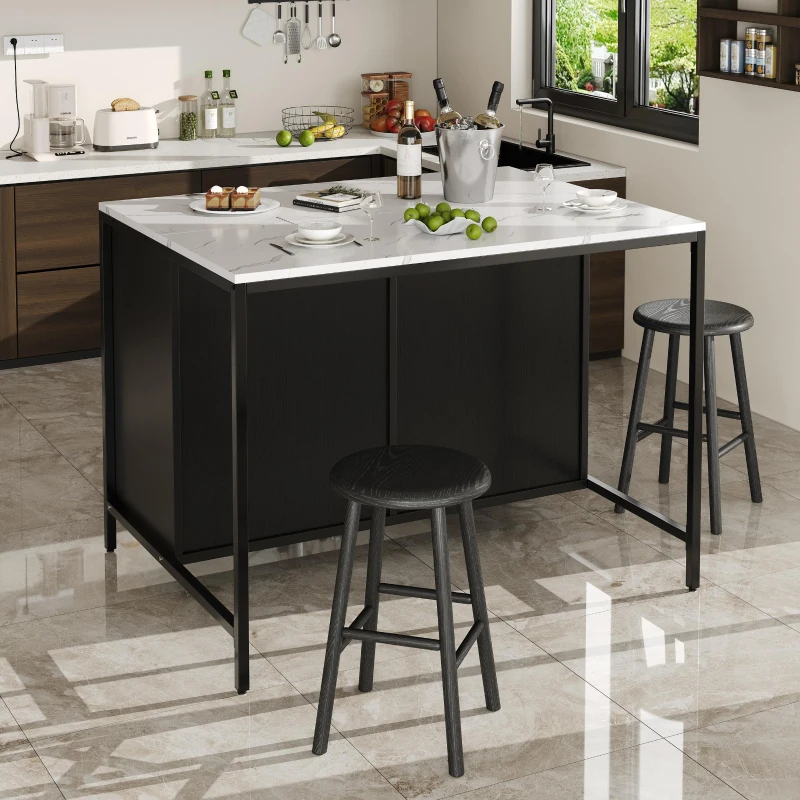 Standing Bar Table with Marble-Effect MDF Top and Solid Iron Legs, Marble Kitchen Island Table with Adjustable Shelves, 100L x 90W x 90H cm, Black