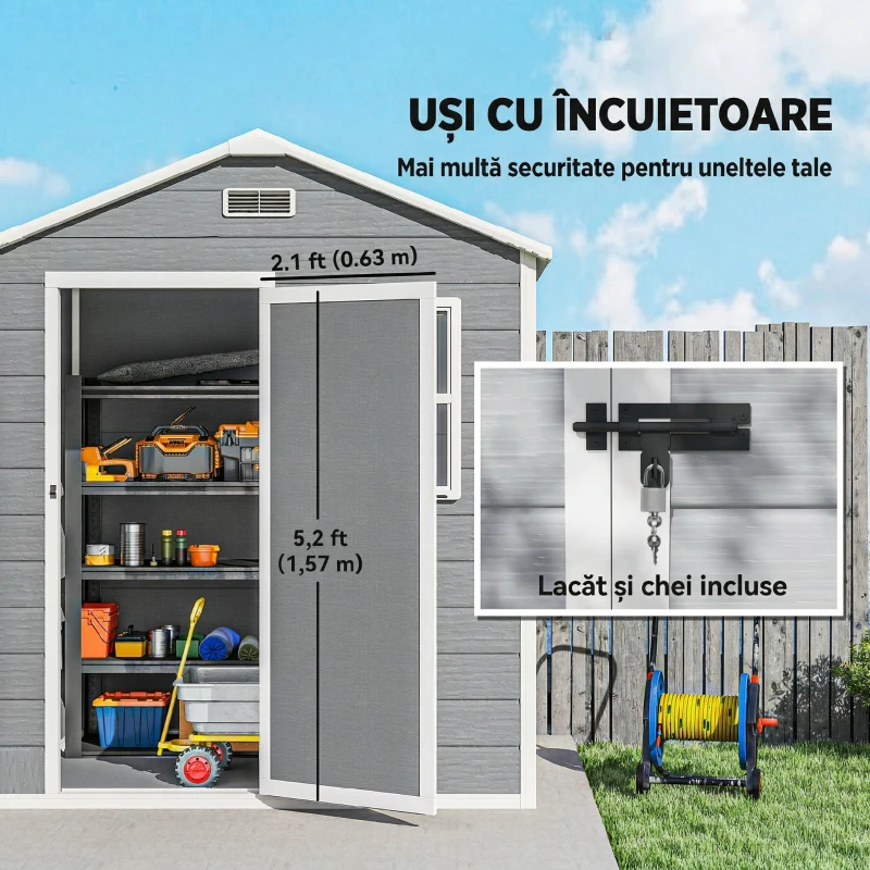 Outsunny Magazie de Grădină, Magazie din Plastic cu Podea, Fereastră, Ușă cu Blocare și Grile de Ventilație, Gri