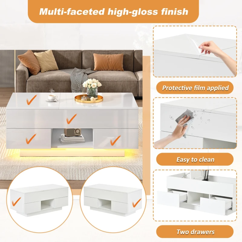 Lift-Top Coffee Table with App-Controlled RGB LED Lights, High-Gloss Center Table with Hidden Compartment, 100L x 45W x 43H cm, White