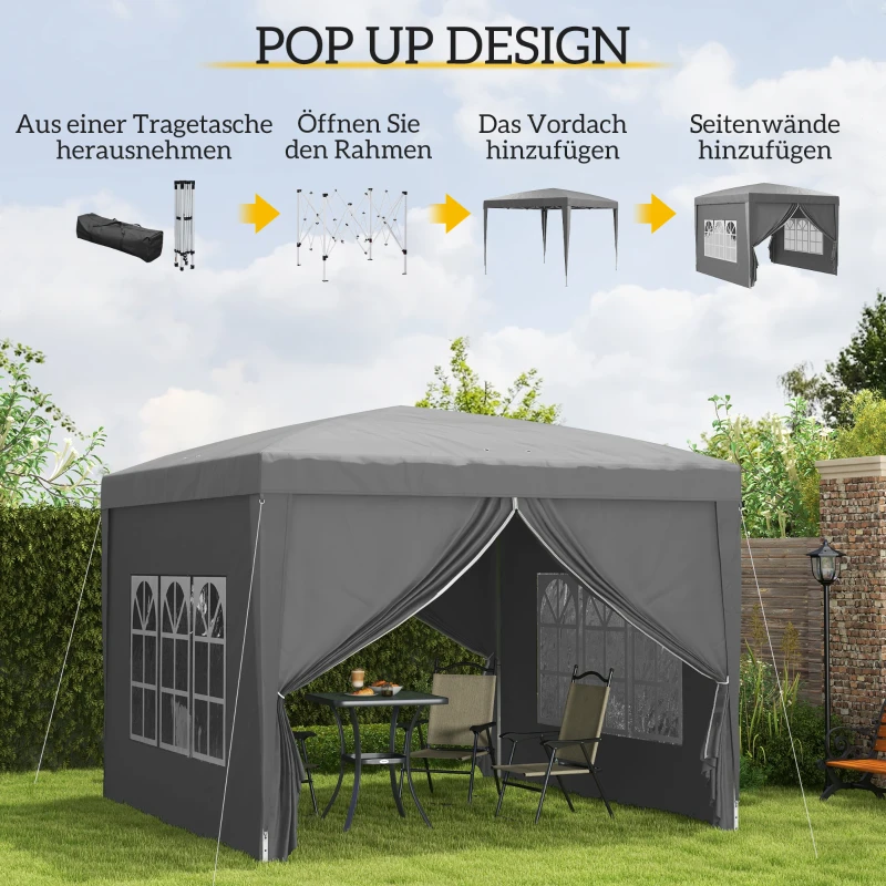 Outsunny 3 x 3 m Pavillon mit 4 Seitenwänden, Fenster, Festzelt mit UV-Schutz, Gartenzelt inkl. Tragetasche, Stahl, Grau