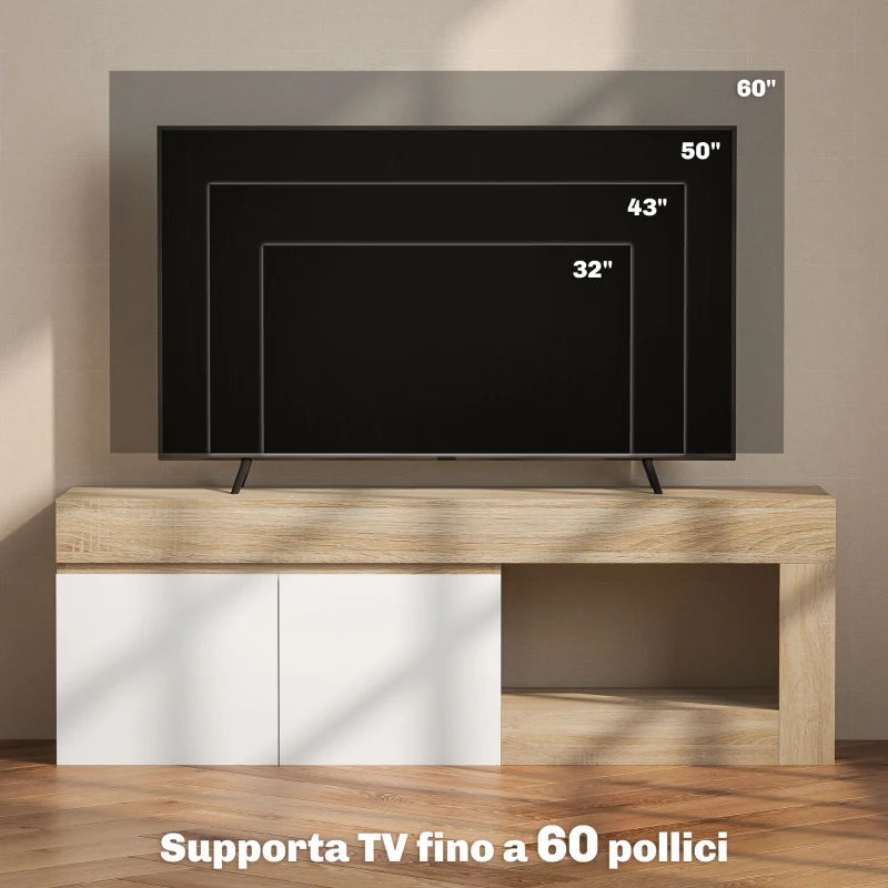 HOMCOM Mobile TV Moderno 60" max con Armadietto 2 Ante e Ripiano Aperto, 140x40x48 cm, Bianco e color Legno