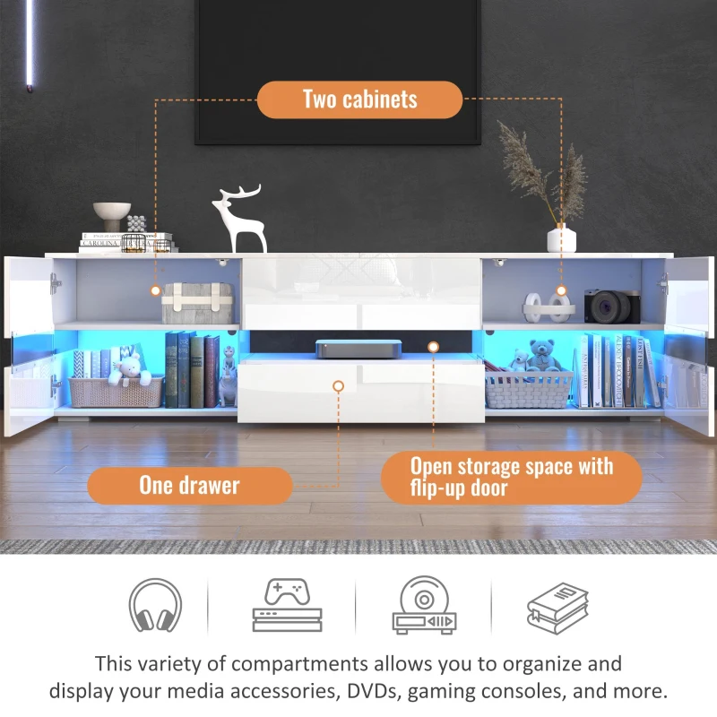 High-Gloss LED TV Cabinet with App-Controlled LED Lighting, Modern TV Stand with 2 Open Shelves, 160L x 38W x 50.5H cm, White