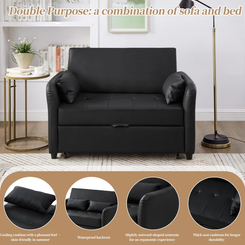 2-Seater Pull-Out Sofa Bed with 3-Level Adjustable Backrest, Space-Saving Convertible Bed with Metal Structure, 121L x 83W x 82H cm, Black