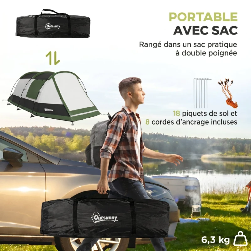 Outsunny Tente de camping familiale 2 pers. - tente tunnel avec porche étanche 3000 mm ventilée facile à monter