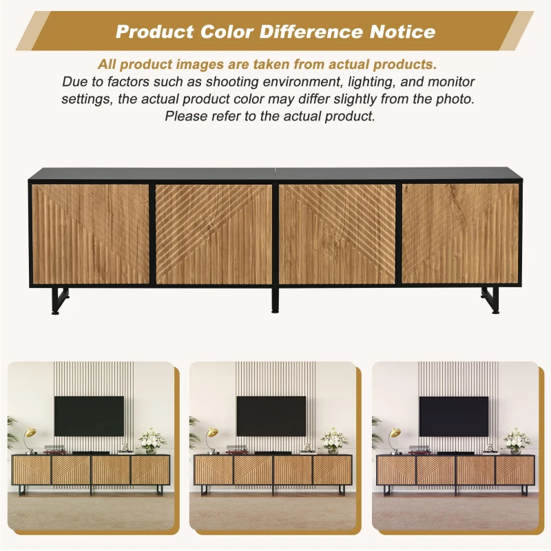 Modern 180cm TV Stand with Diagonal Fluted Doors, Industrial-Style Lowboard for up to 80-Inch TVs, 180L x 40W x 50H cm, Black+Wood