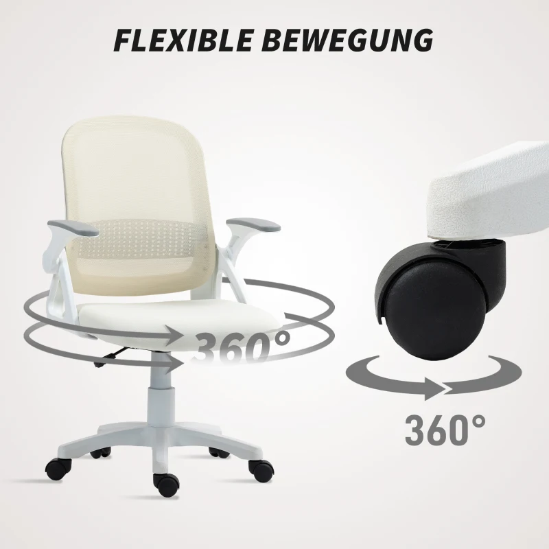 HOMCOM Atmungsaktiver Mesh-Bürostuhl, Ergonomischer Drehstuhl mit klappbaren Armlehnen und Lendenwirbelstütze, Weiß