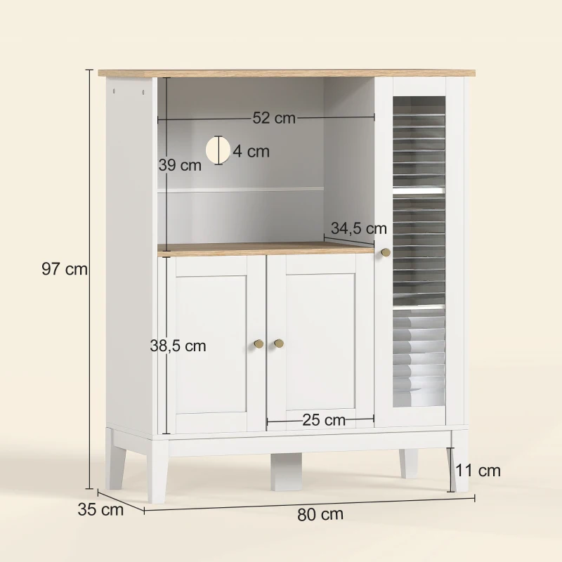 HOMCOM Mueble Auxiliar de Cocina Moderno con Estantes 3 Puertas y Sistema Anti-vuelco 80x35x97 cm Blanco