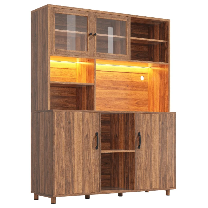 Tall Cabinet with Silent Sliding Toughened Glass Doors, Dining Room Sideboard with Metal Construction, 140L x 40W x 185H cm, Walnut Brown