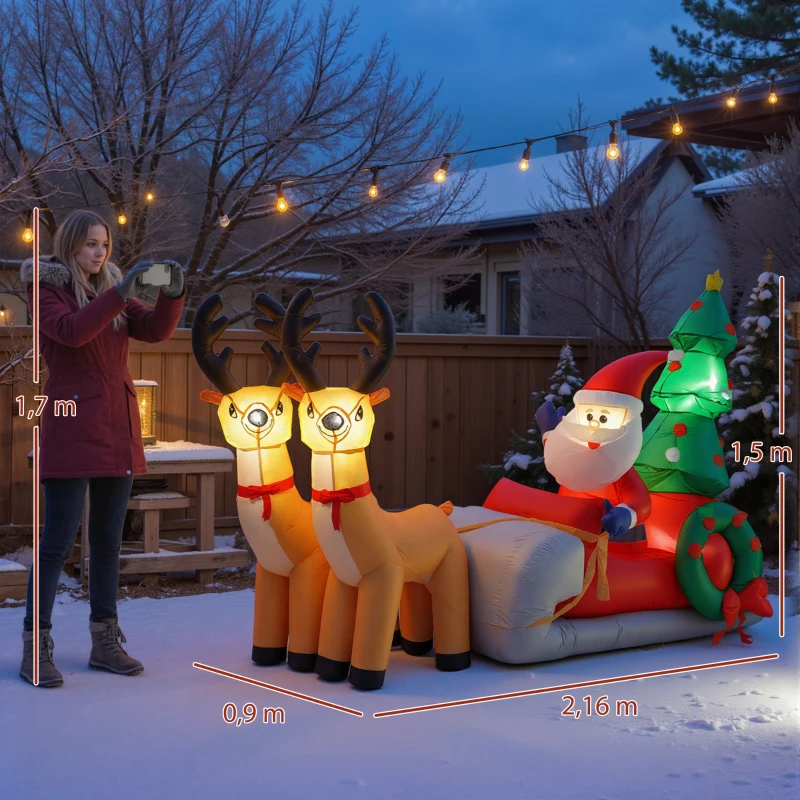 Outsunny Papá Noel Hinchable con Trineo y Renos Inflables de Navidad con Luces LED para Exterior e Interior 216x90x150 cm
