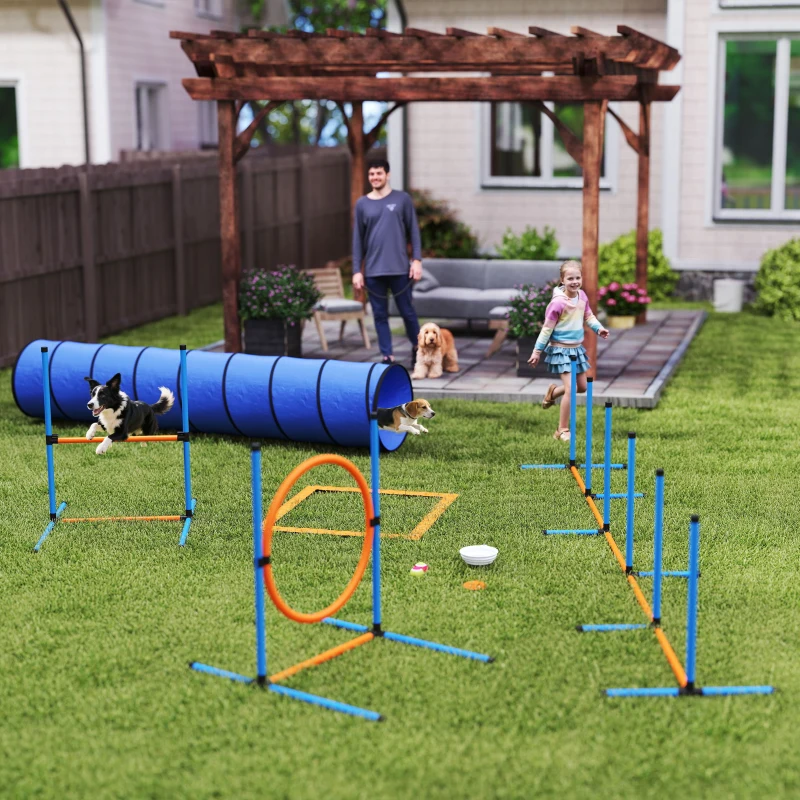 PawHut Ensemble d'Agilité pour Chien 8 Pièces avec Tunnel, Slaloms, Sauts Ajustables, Sac de Transport, 350x68x70cm, Orange