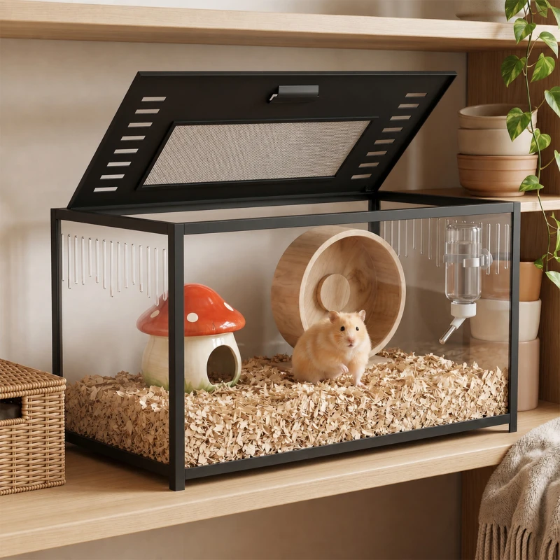 PawHut Cușcă pentru hamster din acrilic și metal cu bază adâncă, capac rabatabil, ventilații laterale, 80x45x50,5cm, negru