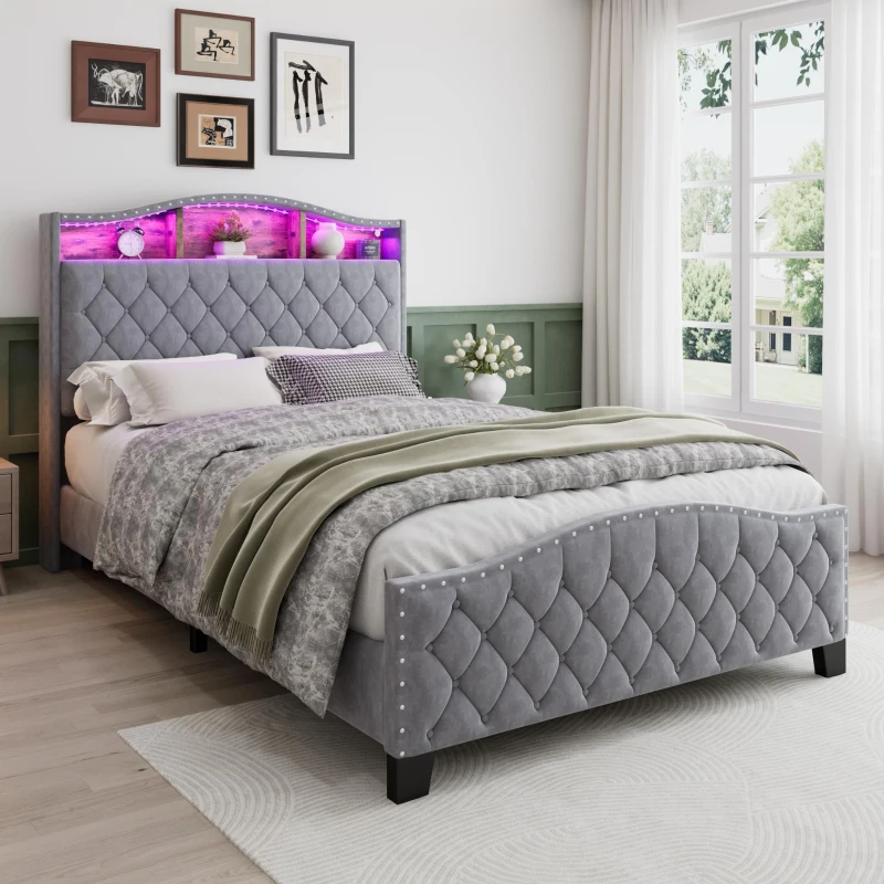 Upholstered 4ft6 Double Bed with Built-in Bedside Storage, Sturdy Storage Bed with Colourful LED Light Strip, 210L x 140.5W x 124H cm, Grey