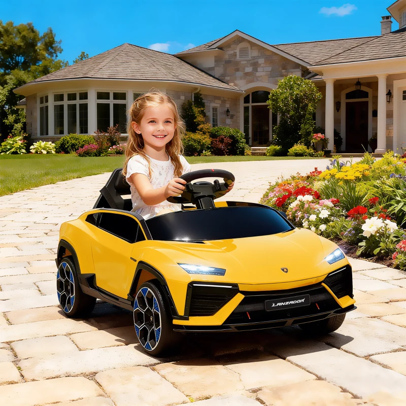 AIYAPLAY Kinder Elektroauto 12V Kinderauto mit 2,4 GHz Fernbedienung, 2 Motor, Hupe, LED, Musik, 101,5 x 49 x 43 cm, Gelb