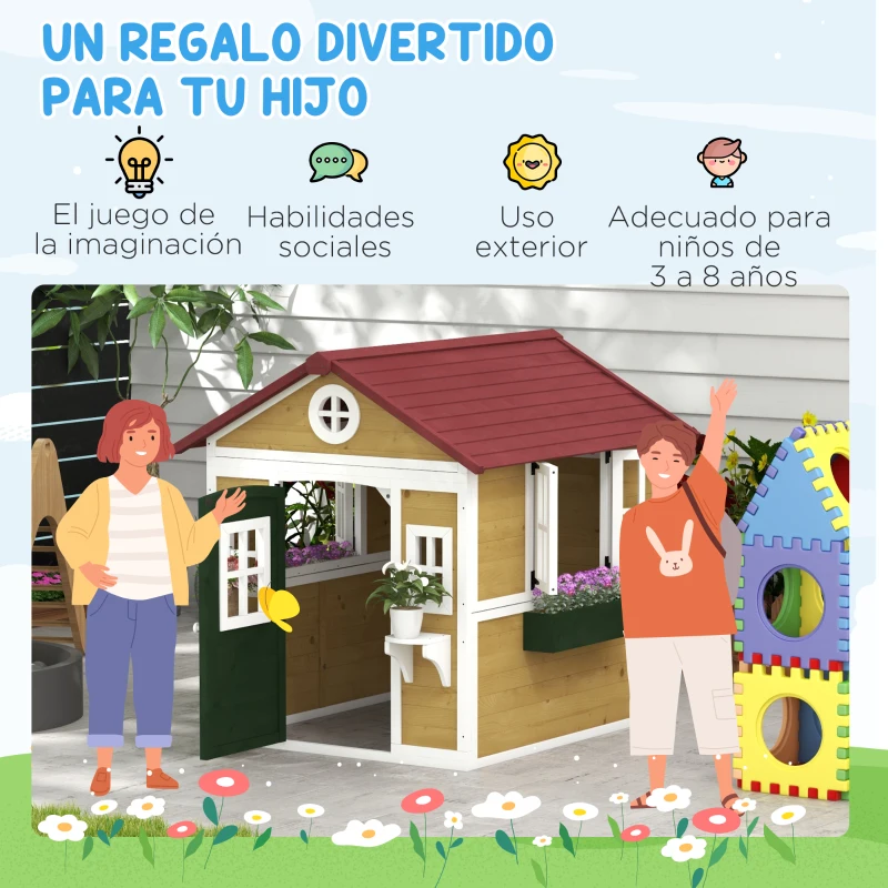 Outsunny Casita de Madera Infantil con Puerta Ventanas Jardineras y Repisas con Detalles de Color 114x126,4x135 cm Natural