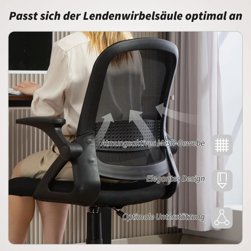 HOMCOM Atmungsaktiver Mesh-Bürostuhl, Ergonomischer Drehstuhl mit klappbaren Armlehnen und Lendenwirbelstütze, Schwarz