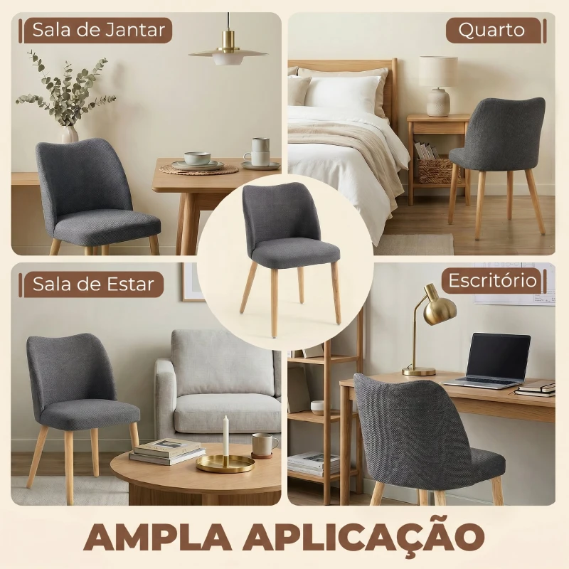 HOMCOM Conjunto de 2 Cadeiras de Cozinha Nórdicas Estofadas em Linho Encosto Curvo Assento Acolchoado Pernas de Madeira Cinzento Claro