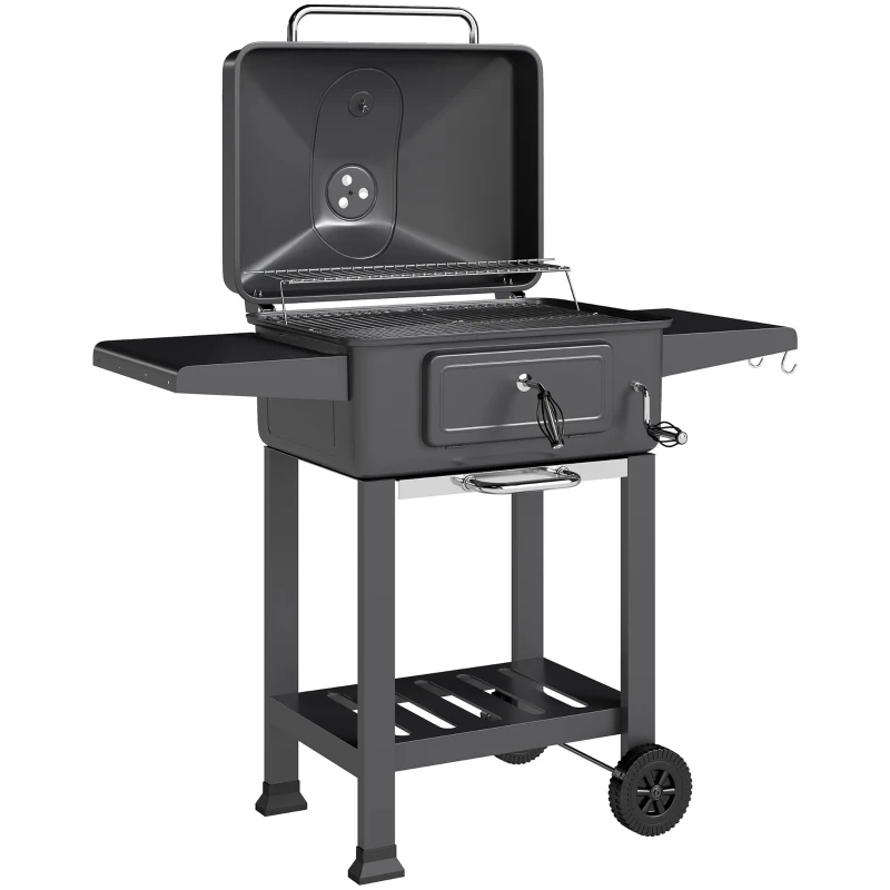 Outsunny Grelhador de Carvão com Bandeja e Ventilação Ajustável Prateleiras Laterais Rodas Termómetro Tampa e Porta 112x63x101,5 cm Preto