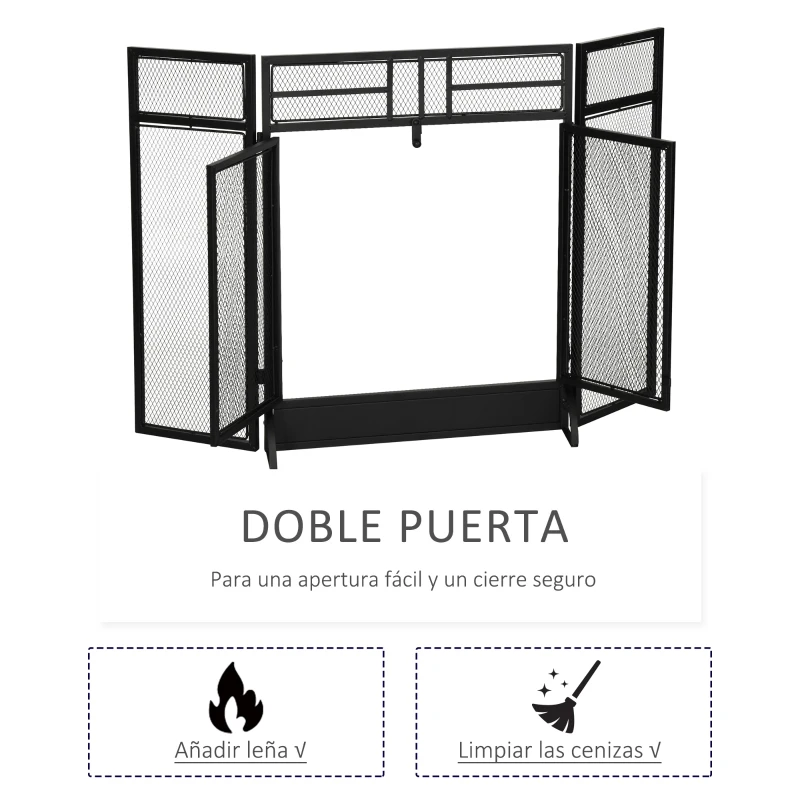 HOMCOM Salvachispas Plegable Pantalla Protectora de Chimenea de 3 Paneles con Doble Puerta y Pies 120x11,5x79 cm Negro