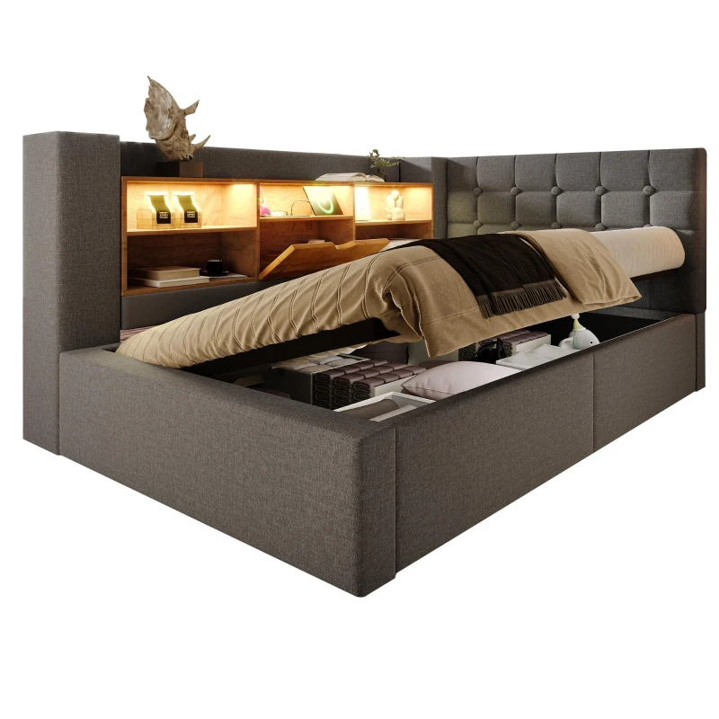 Upholstered Single Bed with Interchangeable L‑shaped Headboard, Stylish Linen Bed Frame with Hydraulic Storage, 203L x 108W x 86H cm, Grey