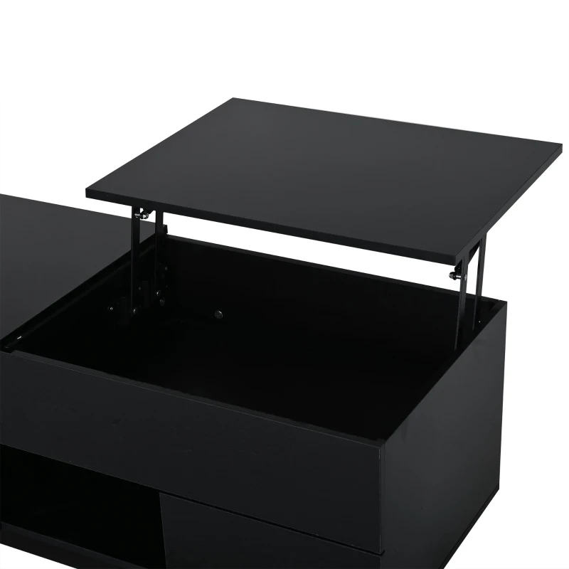 Lift-Top Coffee Table with App-Controlled RGB LED Lights, High-Gloss Center Table with Hidden Compartment, 100L x 45W x 43H cm, Black