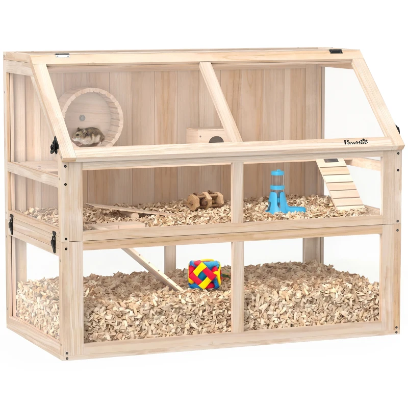 PawHut Houtenen hamsterskooi 3 verdiepingen knaagdierkooi met wip, looprad en huisje 95 x 53 x 76 cm natuurhout