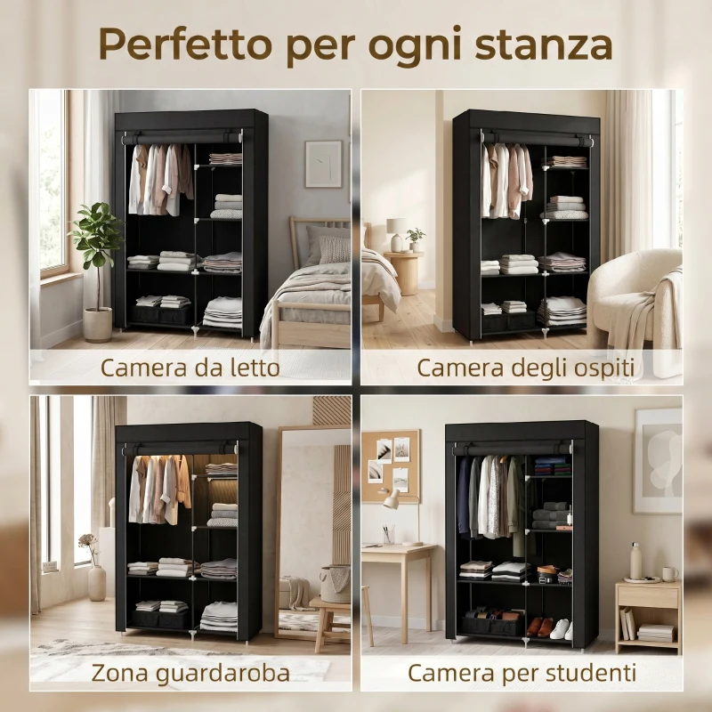 HOMCOM Armadio Guardaroba Portatile in Tessuto con 6 Ripiani Aperti e un Appendino, 103x43x162.5 cm, Nero