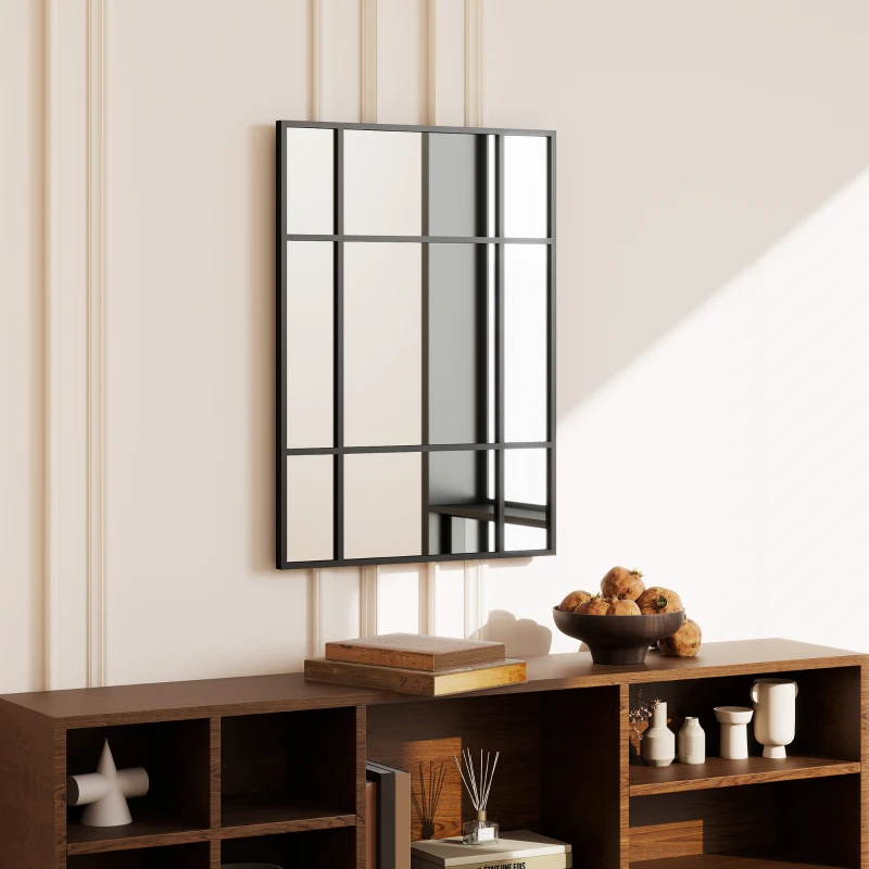 HOMCOM Miroir mural verrière rectangulaire style fenêtre, horizontal ou vertical avec 4 crochets, en métal noir - 50x70 cm