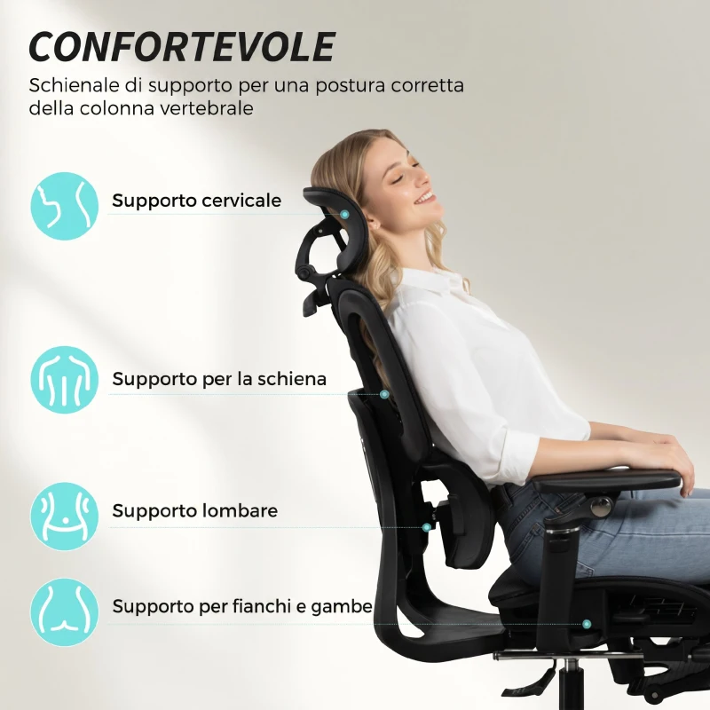 HOMCOM Sedia da Ufficio Ergonomica in Rete con Braccioli, Poggiatesta, Schienale Regolabili, Funzione Dondolo, Nero