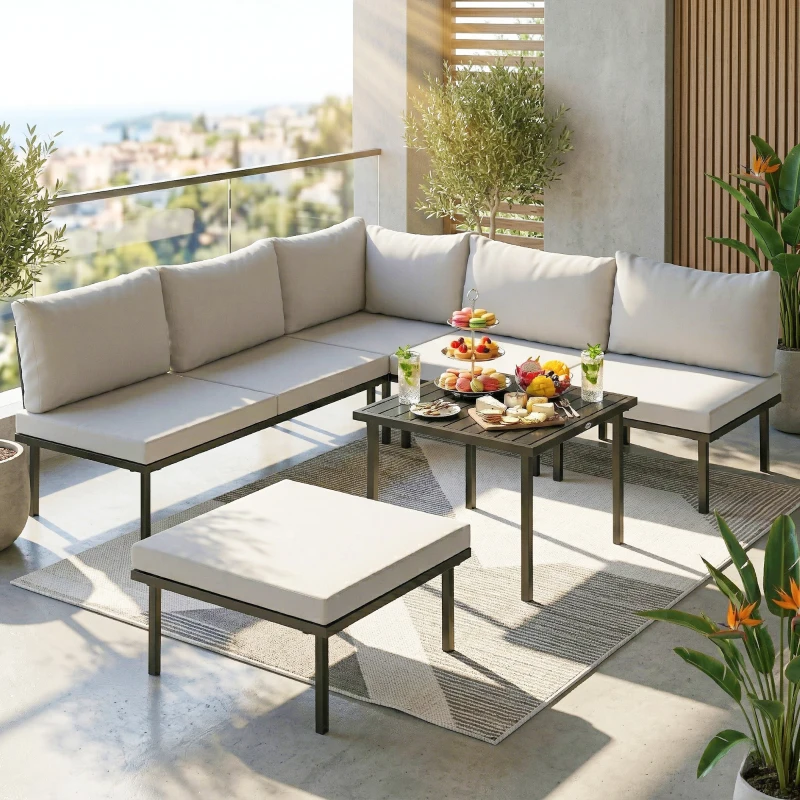 Outsunny Lounge Tuinmeubelset 5-6 Personen Tuinlounge Set met 2-zits Tuinbank, 2 Stoelen, Hoekstoel, Lamellen-tafel, Voetenbank