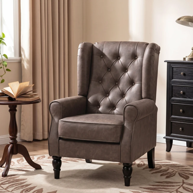 HOMCOM Fauteuil de Chambre en Cuir PU avec Assise Large, Accoudoirs et Pieds en Bois d'Eucalyptus, Marron
