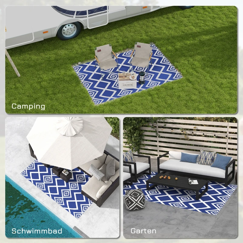 Outsunny Terrasvloerkleed voor buiten, weerbestendig, modern ontwerp, 182 cm x 274 cm x 0,3 cm, Blauw + Wit