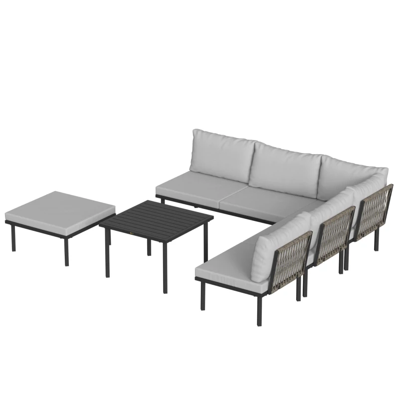 Outsunny Lounge Tuinmeubelset 5-6 Personen Tuinlounge Set met 2-zits Tuinbank, 2 Stoelen, Hoekstoel, Lamellen-tafel, Voetenbank