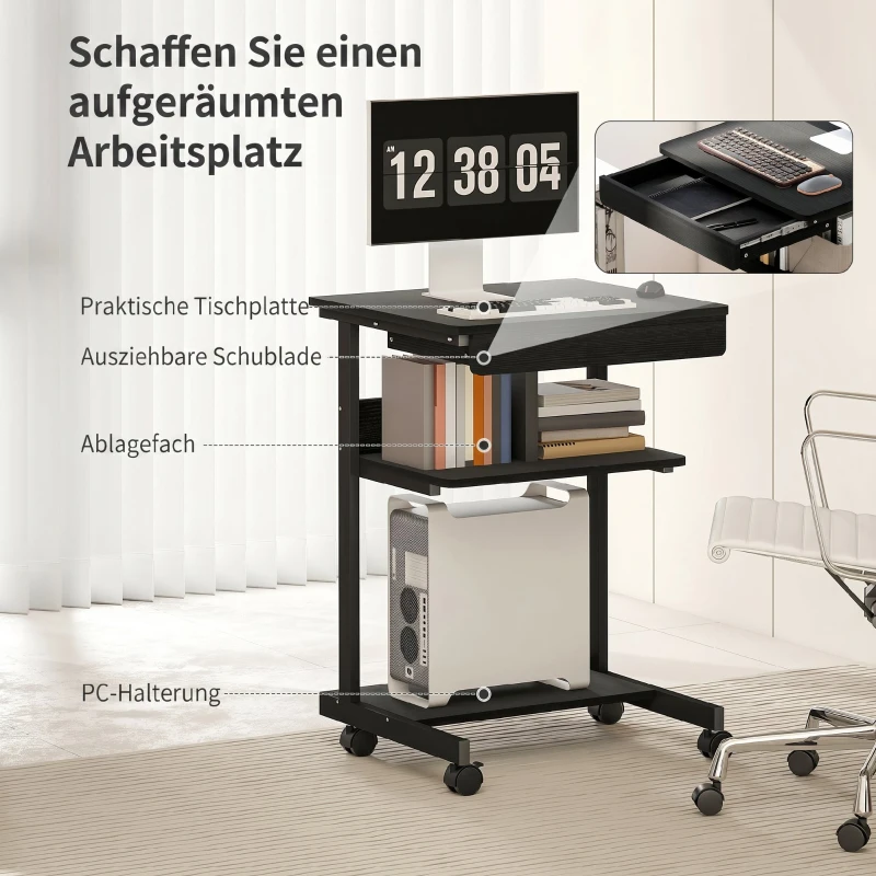 HOMCOM Roll-Schreibtisch mit Schublade und Regalen, 4 Räder, kompakt, Spanplatte, Metall