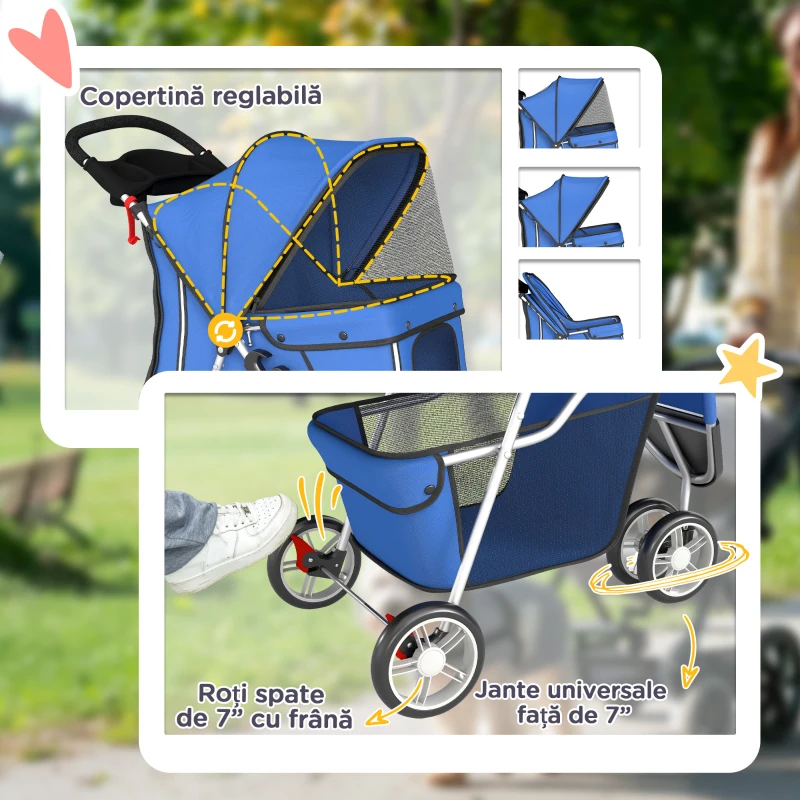 PawHut Cărucior pentru Câini Pliabil cu Roți Pivotante și Frână, Albastru