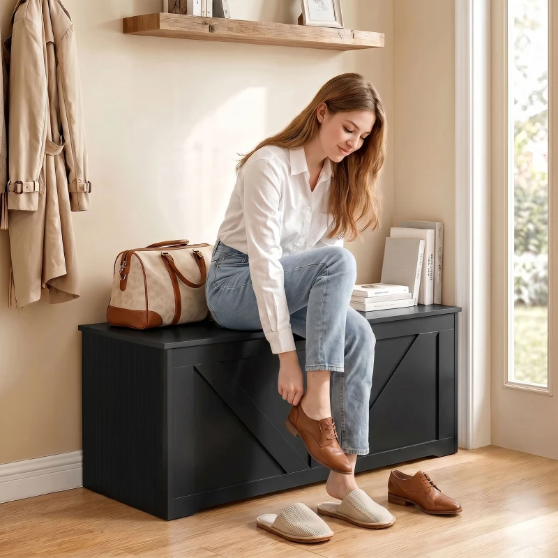 HOMCOM 127L Home Storage Box, with Safety Hinges - Black Wood-Effect