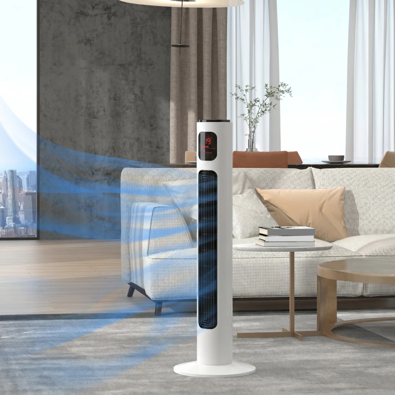 HOMCOM Ventilador de Torre Silencioso 45W con Control Remoto 3 Velocidades 3 Modos Temporizador 10H Oscilación 70° Blanco