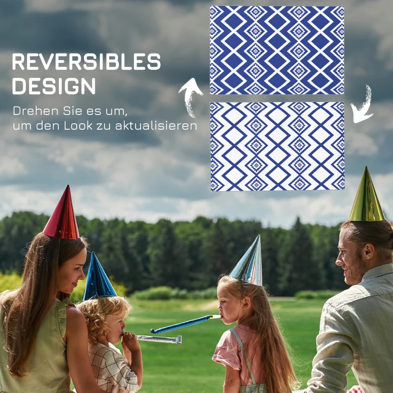 Outsunny Terrasvloerkleed voor buiten, weerbestendig, modern ontwerp, 182 cm x 274 cm x 0,3 cm, Blauw + Wit