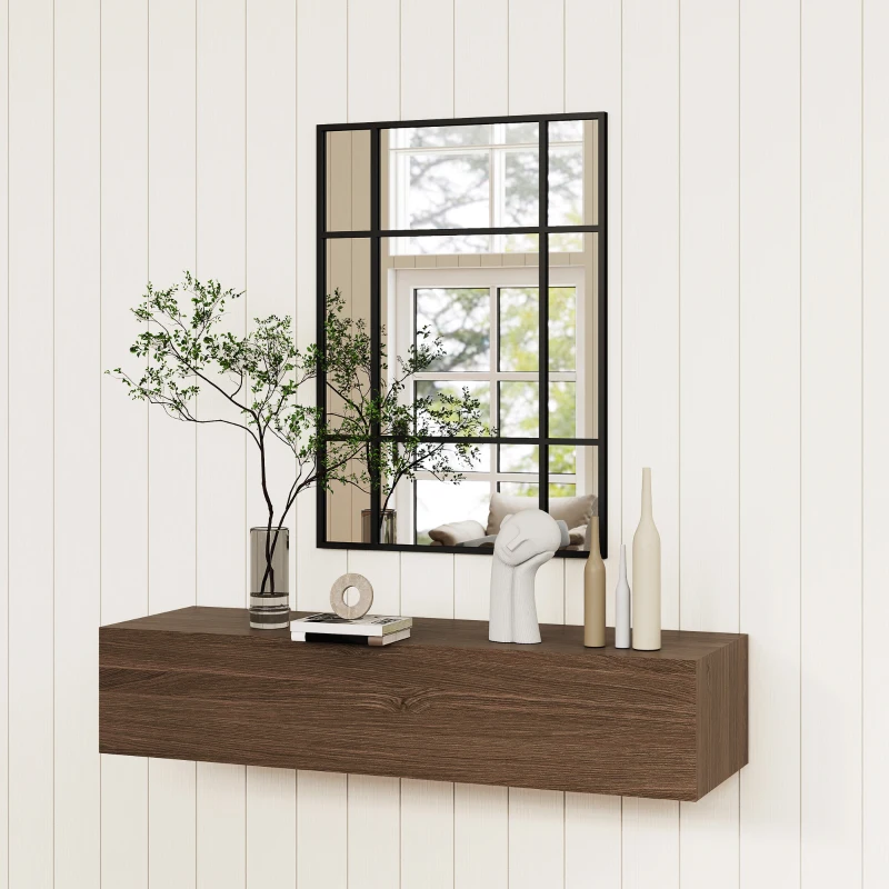HOMCOM Miroir mural verrière rectangulaire style fenêtre, horizontal ou vertical avec 4 crochets, en métal noir - 50x70 cm