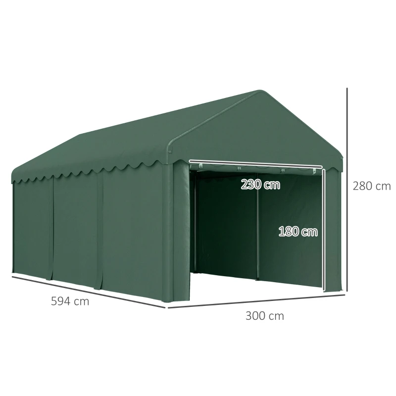 Outsunny 3x6 m draagbare Carport, voertuigoverkapping met 2 ingangen, polyesterdak, voor auto's, boten, tuingereedschap, donkergroen