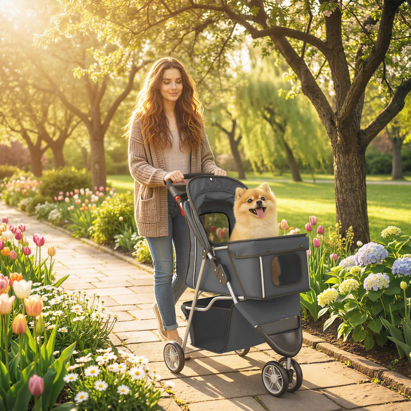 PawHut Dog Stroller, 3 Wheels Foldable Pet Stroller with Adjustable Canopy, Storage Basket for Small Mini Breeds, Dark Grey
