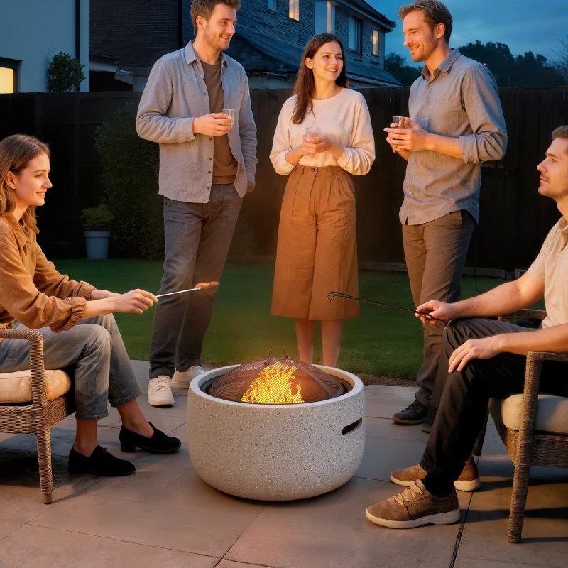 Outsunny Brasero cheminée foyer extérieur rond à bois en métal tisonnier pare-étincelle grille et poignée diamètre 45 cm gris