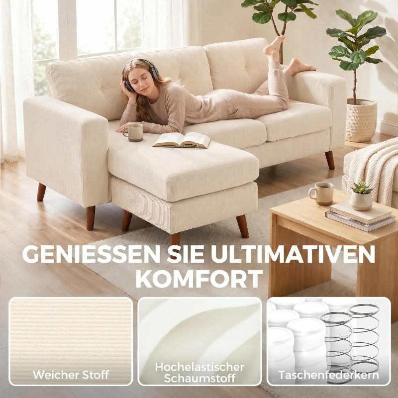 HOMCOM Ecksofa 192 cm L-Form 3-Sitzer Sofa mit umkehrbarer Chaiselongue, Cord-Optik, für kleinen Raum, Cremeweiß