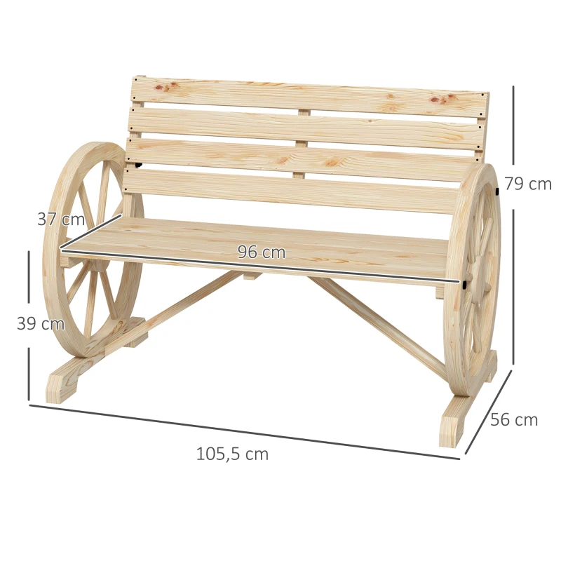 Outsunny Tuinbank, Wagenwiel-ontwerp, voor 2 personen, natuurlijk hout, donkerbruin, 105,5 x 56 x 79 cm, Natuurlijk